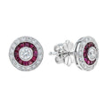 Round Diamond & Red Ruby Double Halo Vintage Style Stud White Gold Earrings