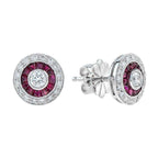 Round Diamond & Red Ruby Double Halo Vintage Style Stud White Gold Earrings