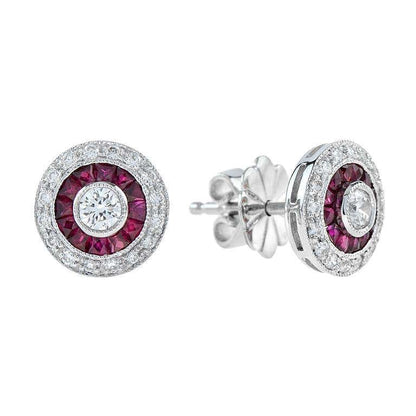 Round Diamond & Red Ruby Double Halo Vintage Style Stud White Gold Earrings
