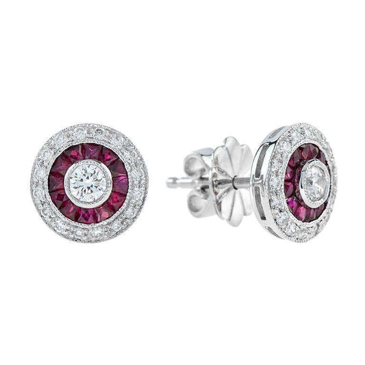 Round Diamond & Red Ruby Double Halo Vintage Style Stud White Gold Earrings