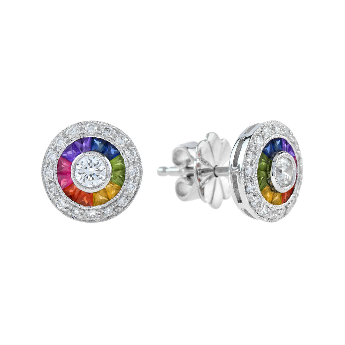 Diamond & Rainbow Sapphire Art Deco Style Stud 14K White Gold Earrings