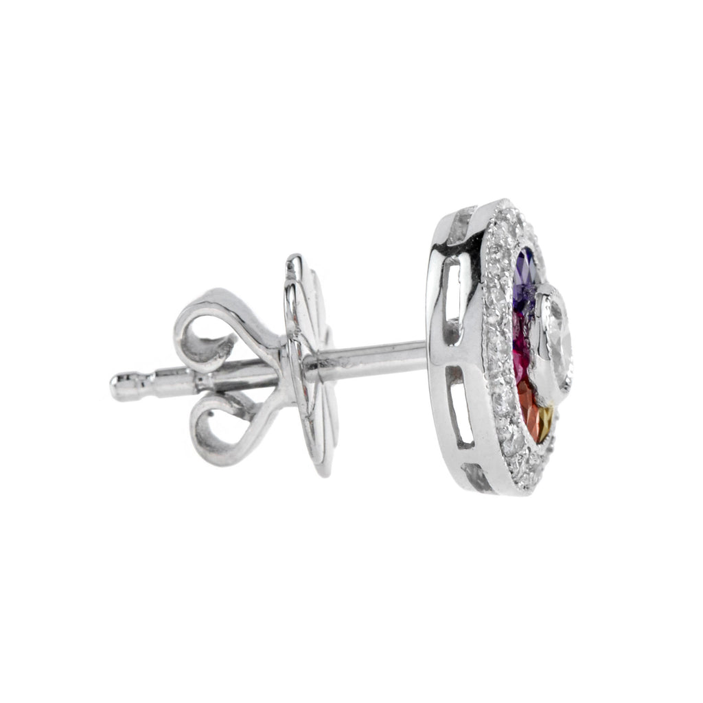 Diamond & Rainbow Sapphire Art Deco Style Stud 14K White Gold Earrings