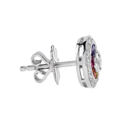 Diamond &amp; Rainbow Sapphire Art Deco Style Stud 14K White Gold Earrings