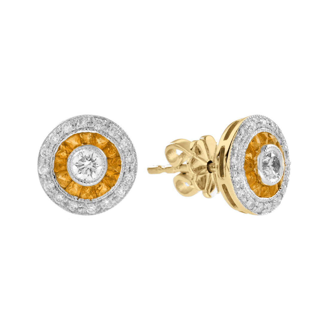 Diamond & Orange Sapphire Deco Style Target 14K Gold Stud Earrings