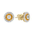Diamond & Orange Sapphire Deco Style Target 14K Gold Stud Earrings