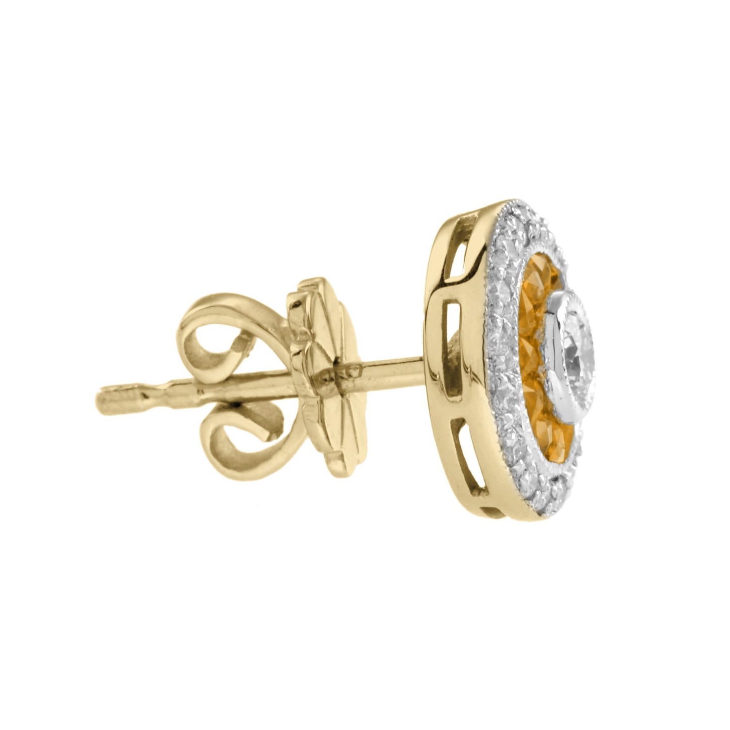 diamond & orange sapphire deco style target 14k gold stud earrings