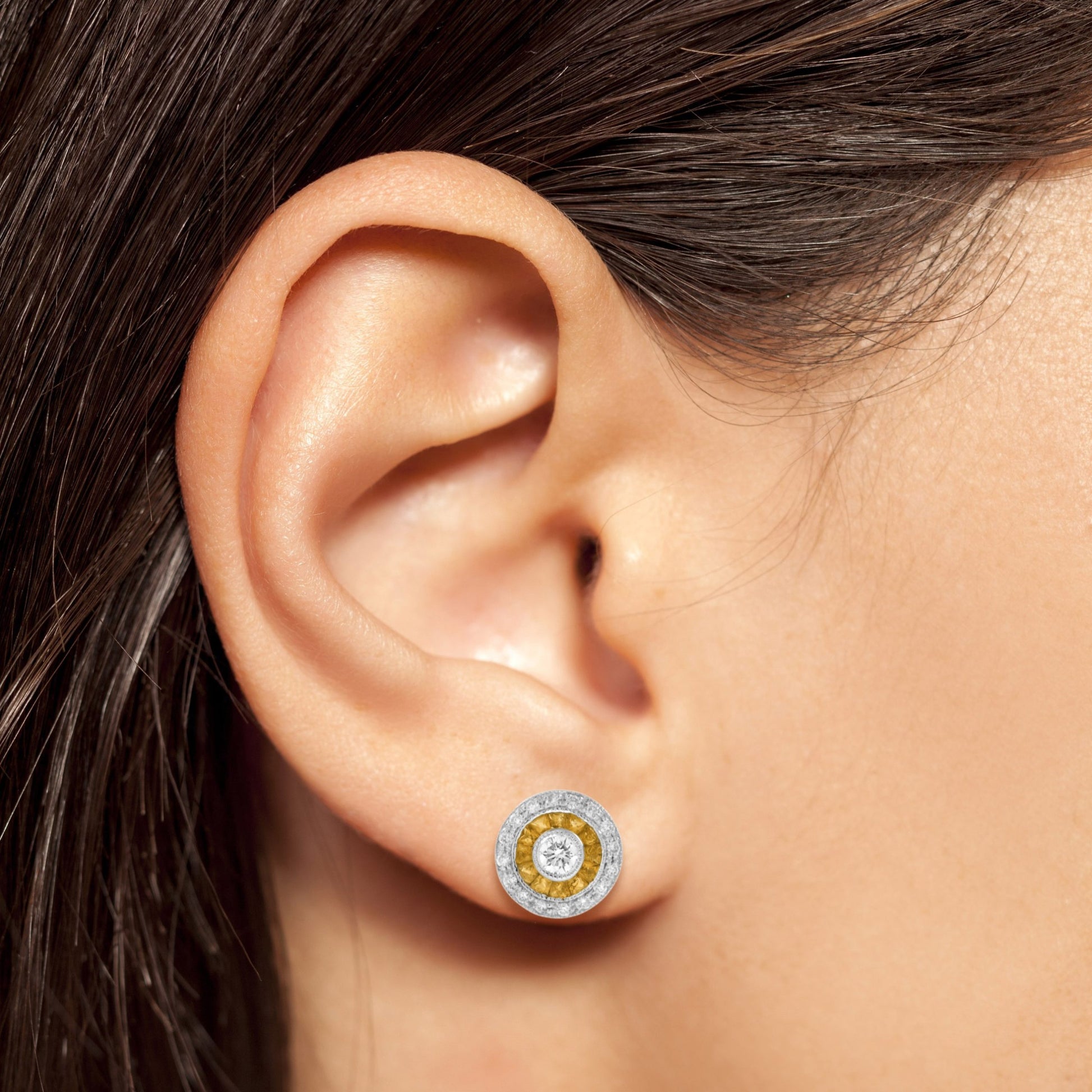 Diamond & Orange Sapphire Deco Style Target 14K Gold Stud Earrings