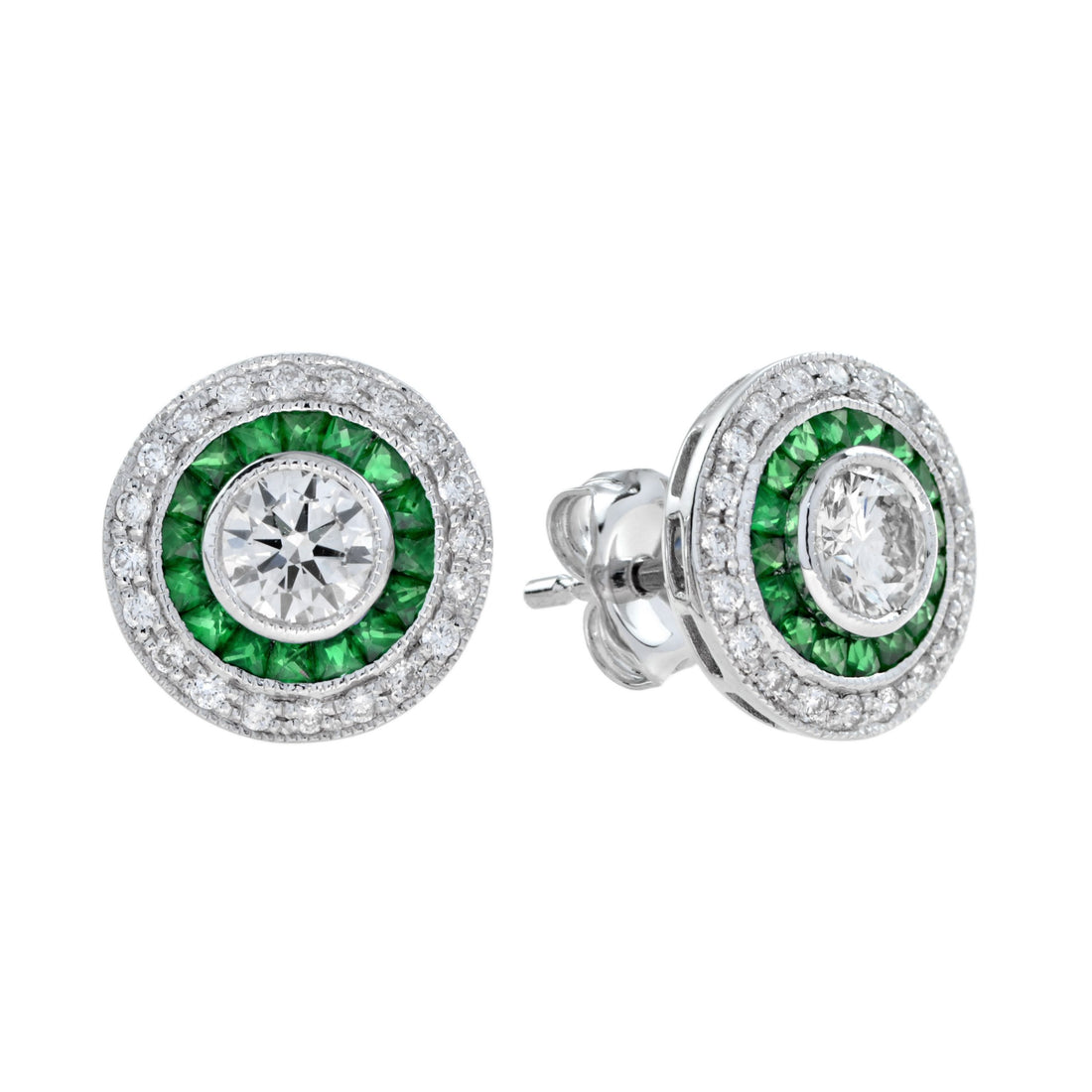 4.4mm Round Diamond & Emerald Invisible Set Double Halo Stud White Gold Earrings