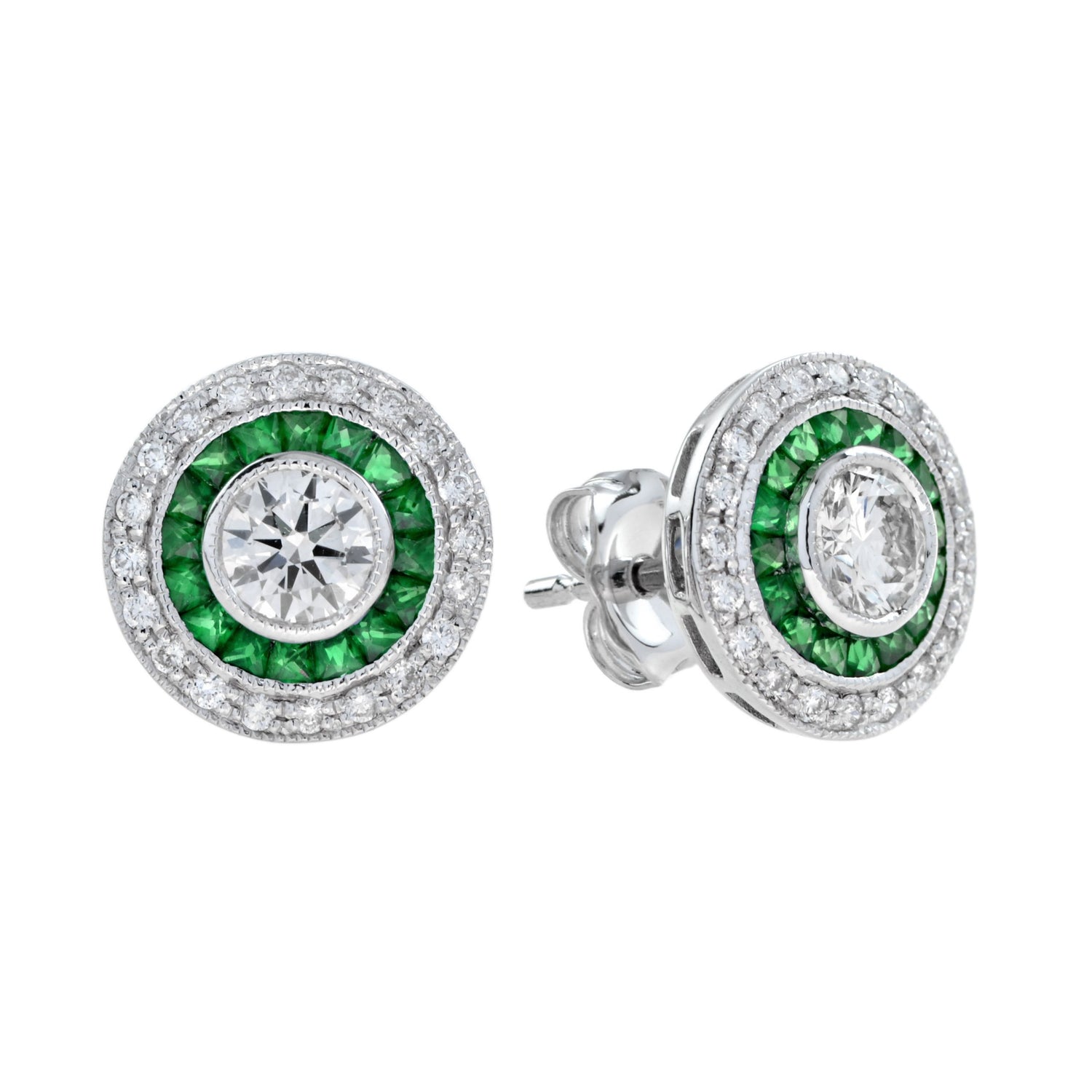 4.4mm Round Diamond &amp; Emerald Invisible Set Double Halo Stud White Gold Earrings