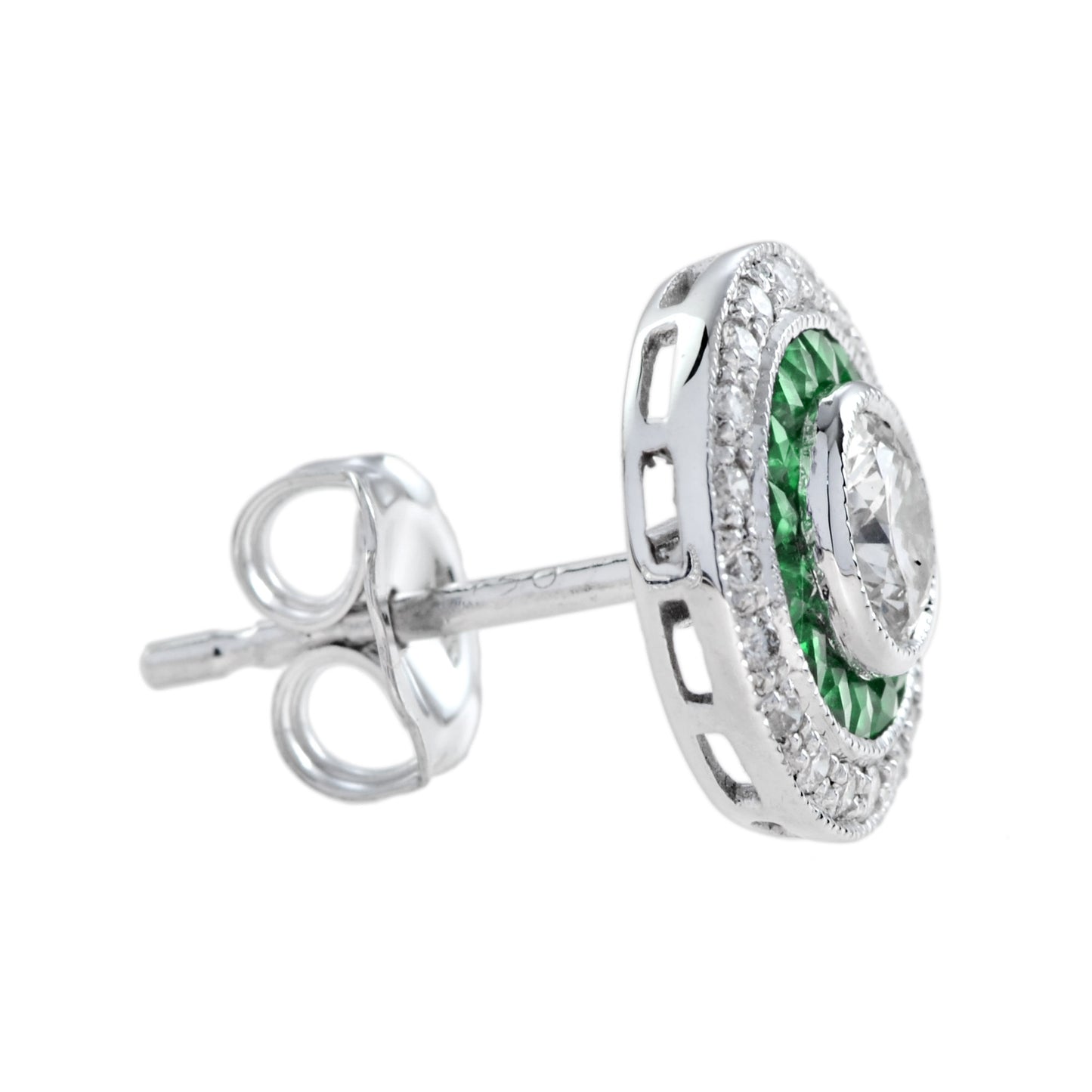 4.4mm round diamond & emerald invisible set double halo stud white gold earrings