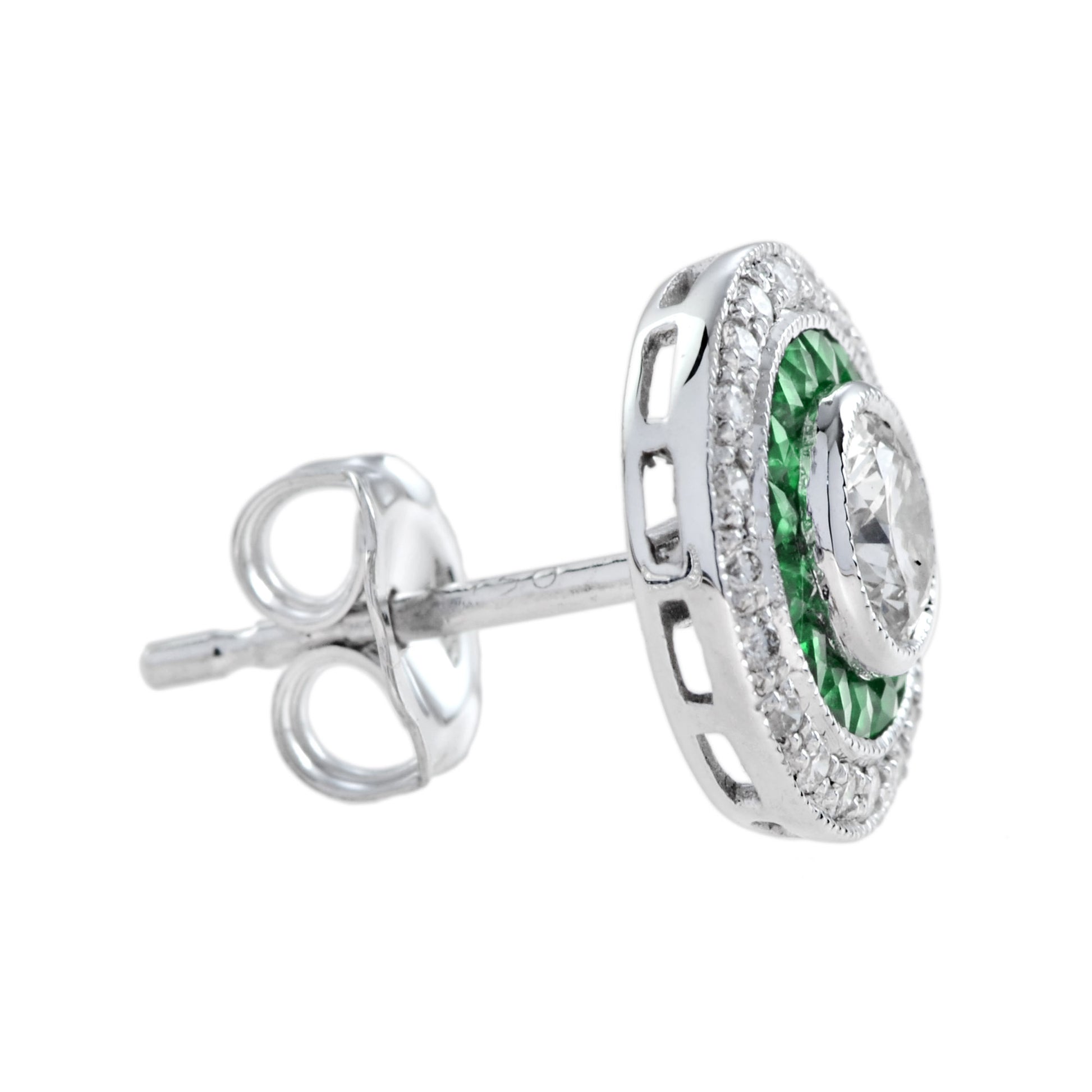 4.4mm Round Diamond & Emerald Invisible Set Double Halo Stud White Gold Earrings