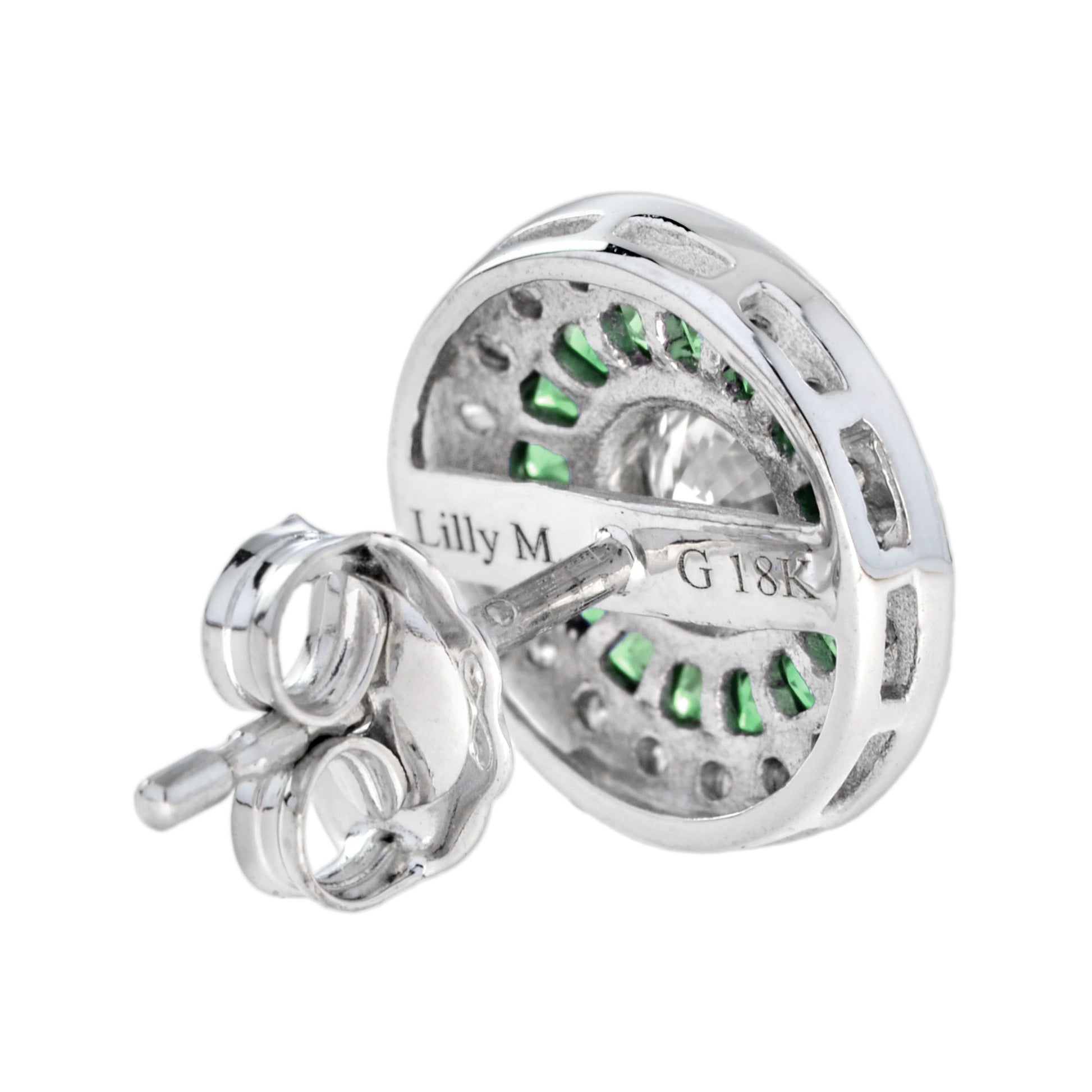 4.4mm Round Diamond & Emerald Invisible Set Double Halo Stud White Gold Earrings