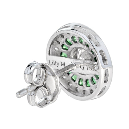 4.4mm Round Diamond & Emerald Invisible Set Double Halo Stud White Gold Earrings