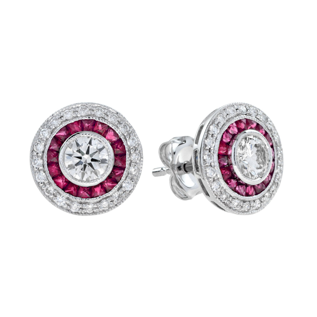 4.4mm Round Diamond & Red Pink Ruby Double Halo Set 14k White Gold Stud Earrings