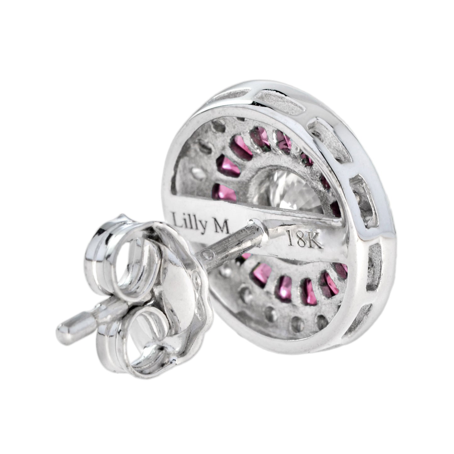 4.4mm round diamond & red pink ruby double halo set 14k white gold stud earrings