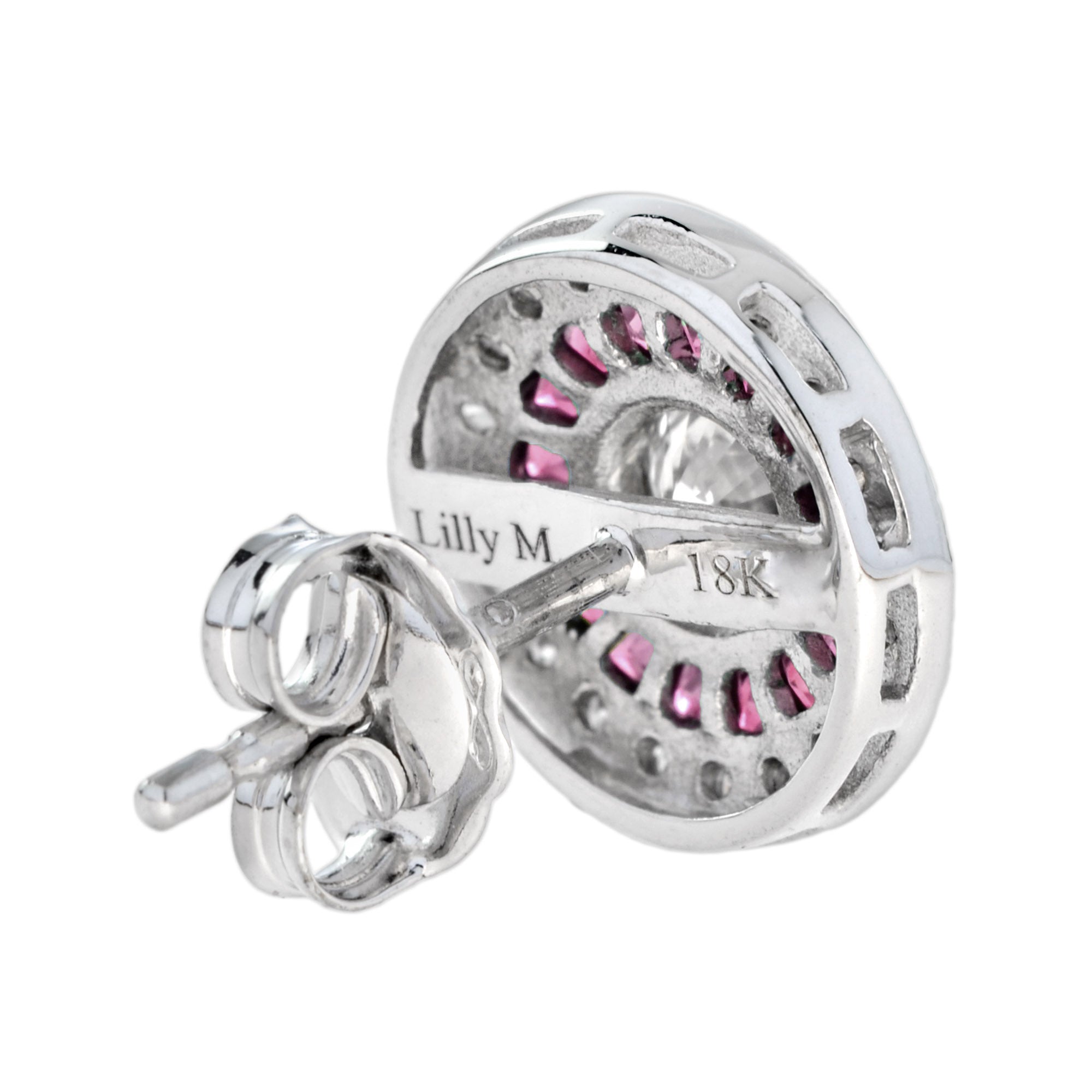 4.4mm Round Diamond &amp; Red Pink Ruby Double Halo Set 14k White Gold Stud Earrings