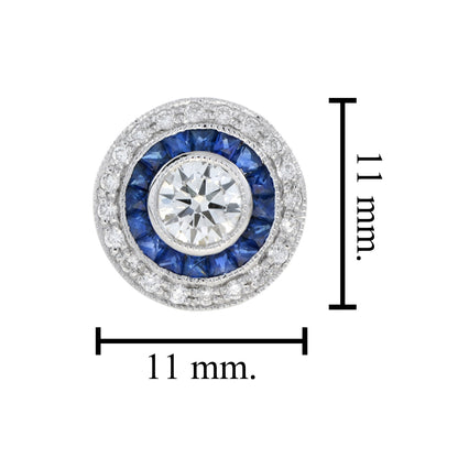 Art Deco Style 4.4 Round Diamond Blue Sapphire Stud 14K White Gold Earrings