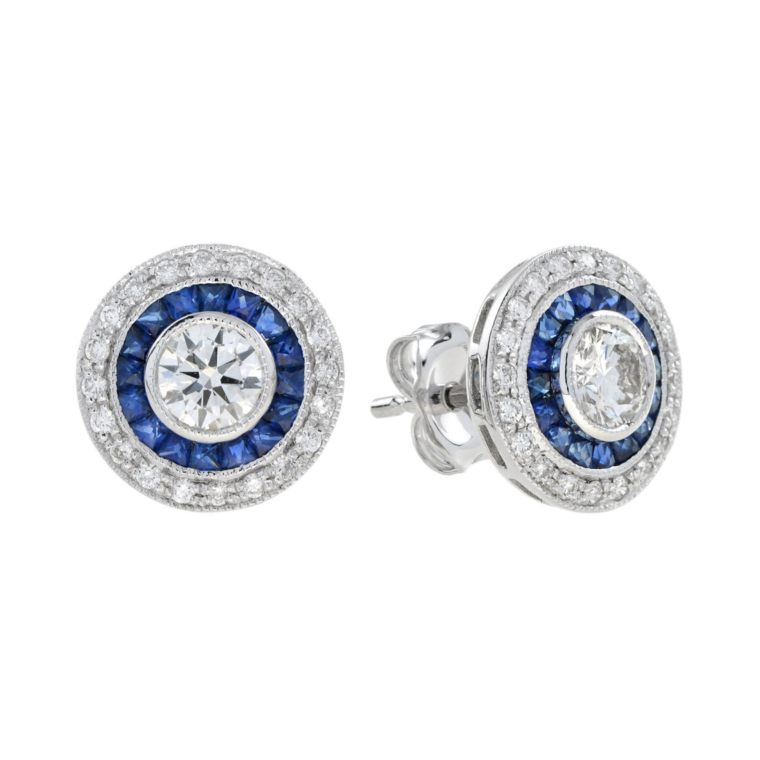 4.4mm Round Diamond &amp; Blue Sapphire Double Halo Stud 18K White Gold Earrings