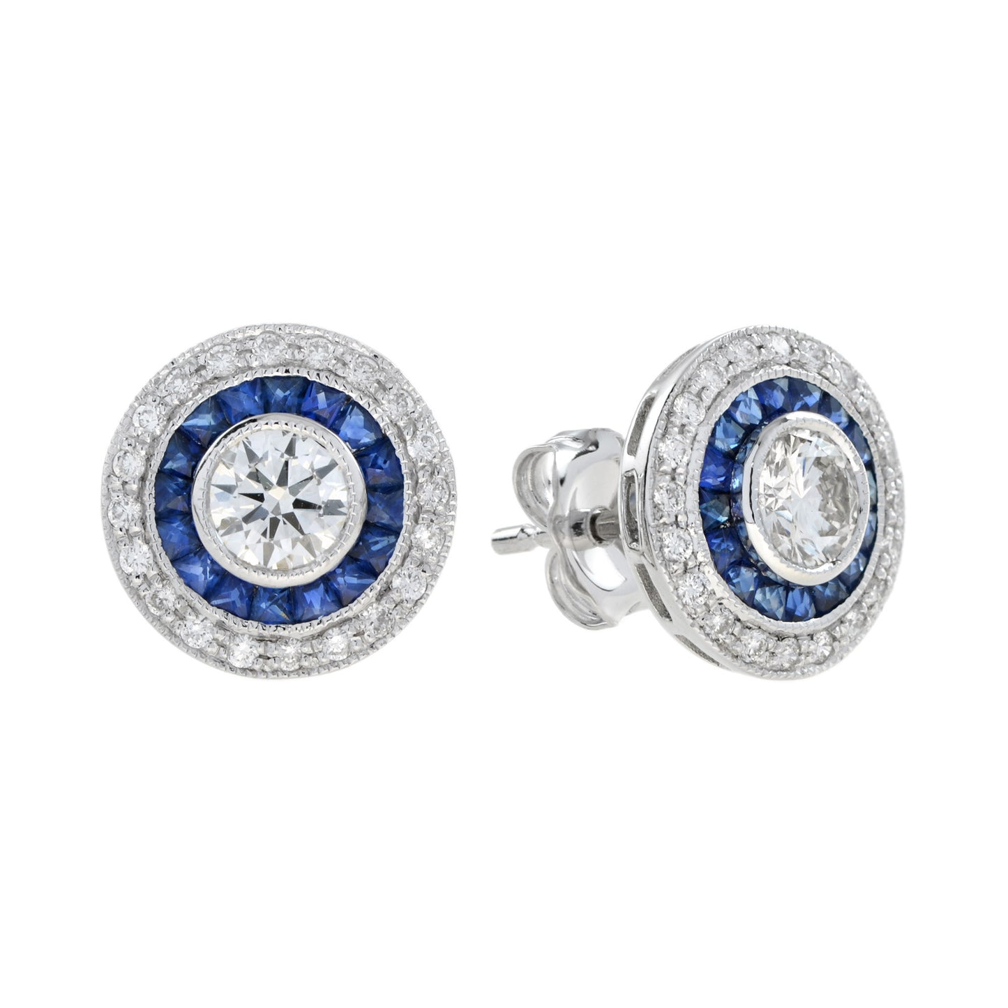 4.4mm round diamond & blue sapphire double halo stud 18k white gold earrings