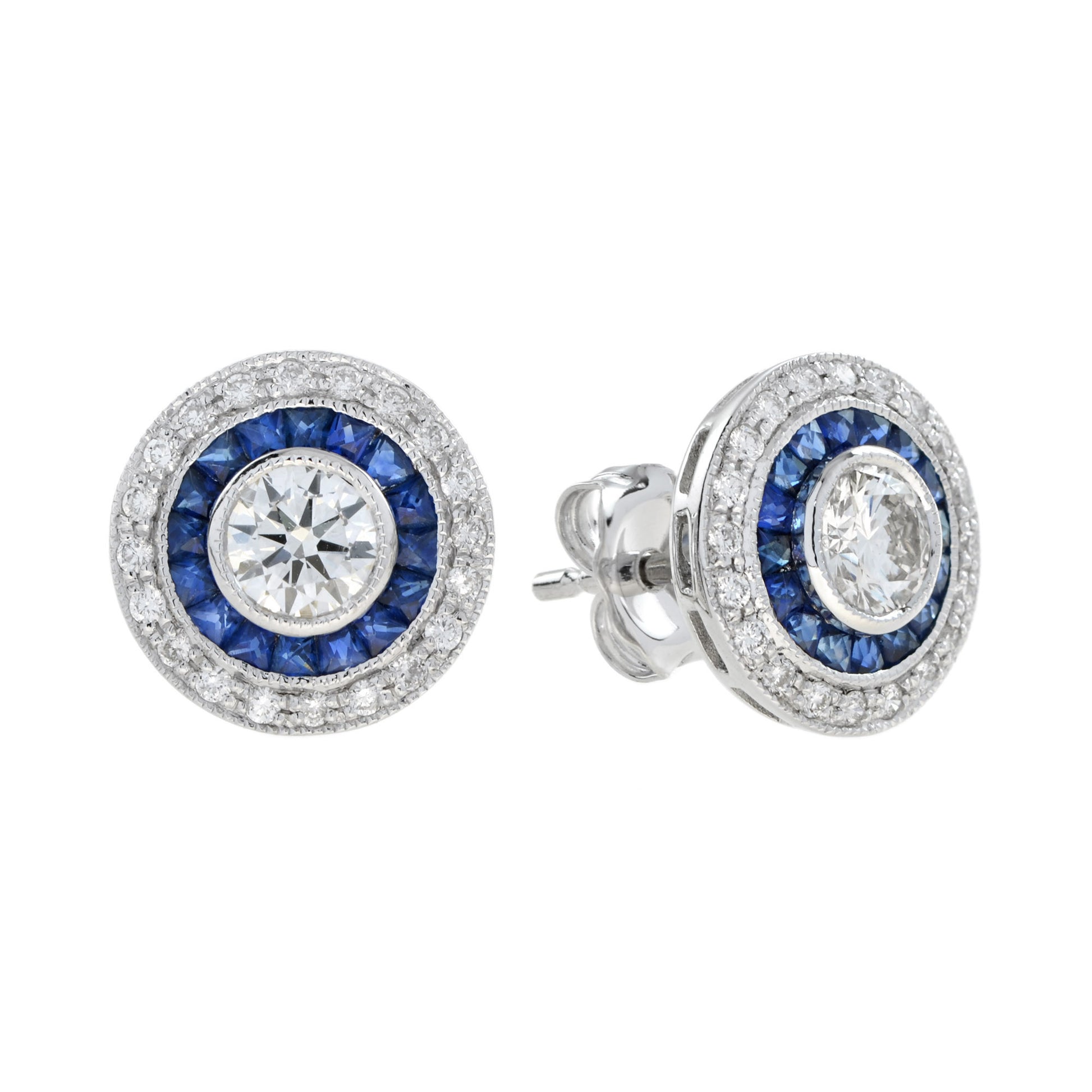 4.4mm Round Diamond & Blue Sapphire Double Halo Stud 18K White Gold Earrings