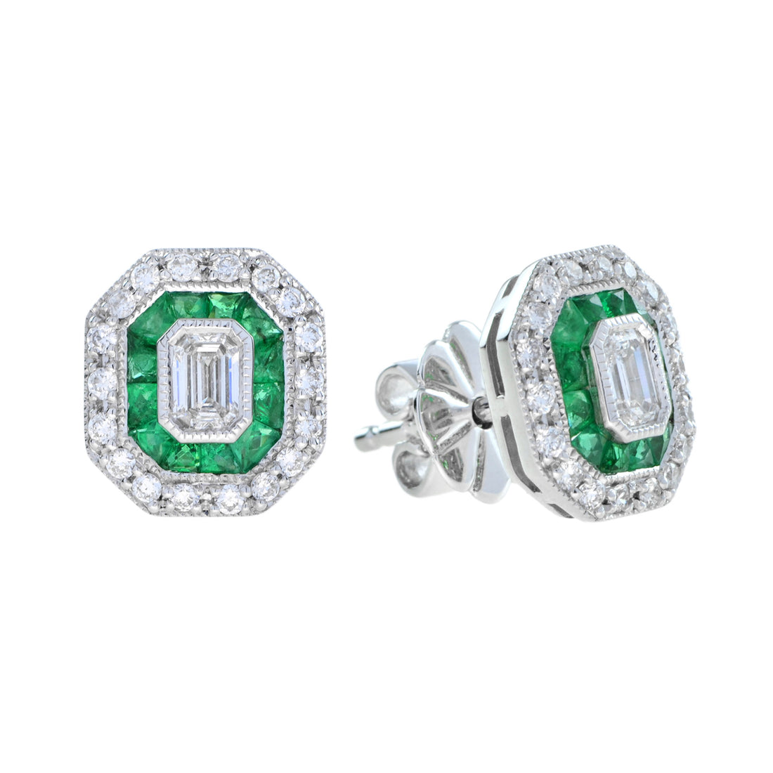 Art Deco Style Emerald Shape Cut Diamond Emerald Halo Set Gold Stud Earrings