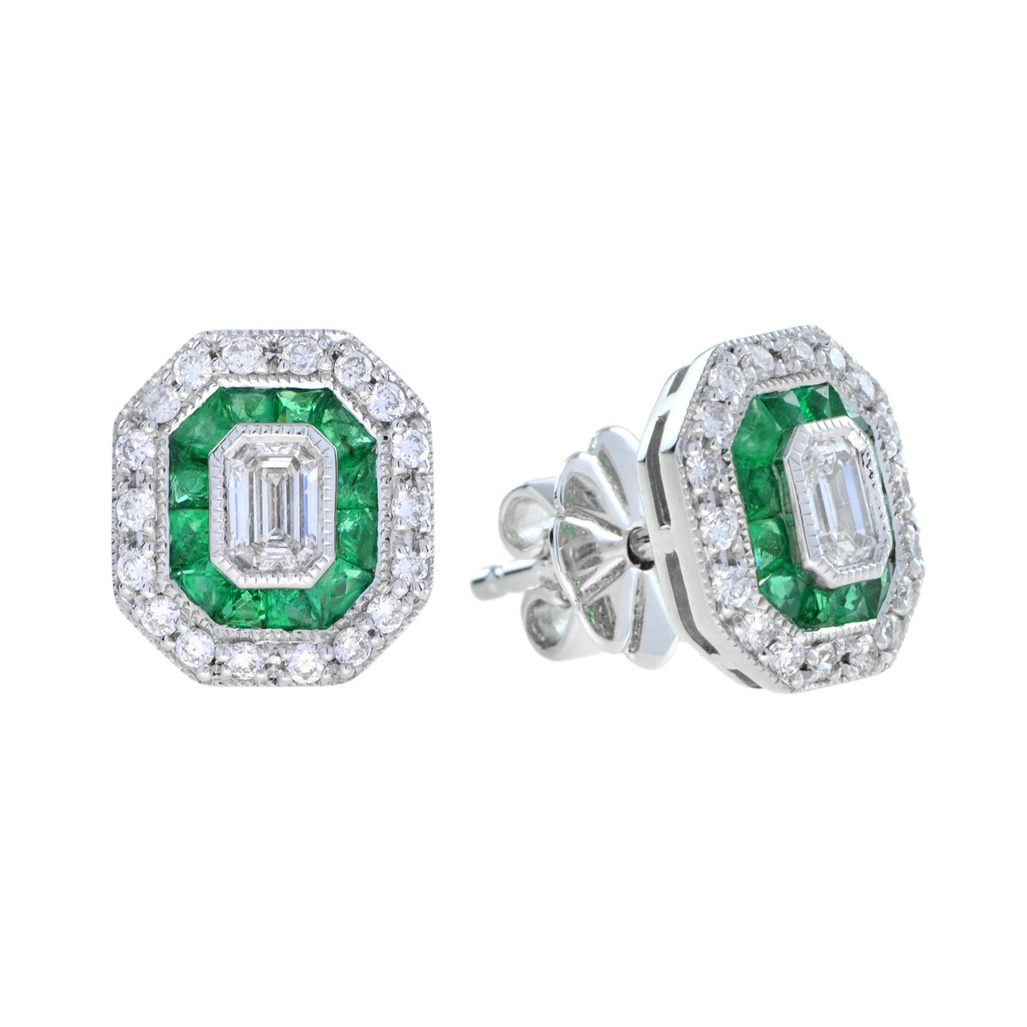 art deco style emerald shape cut diamond emerald halo set gold stud earrings