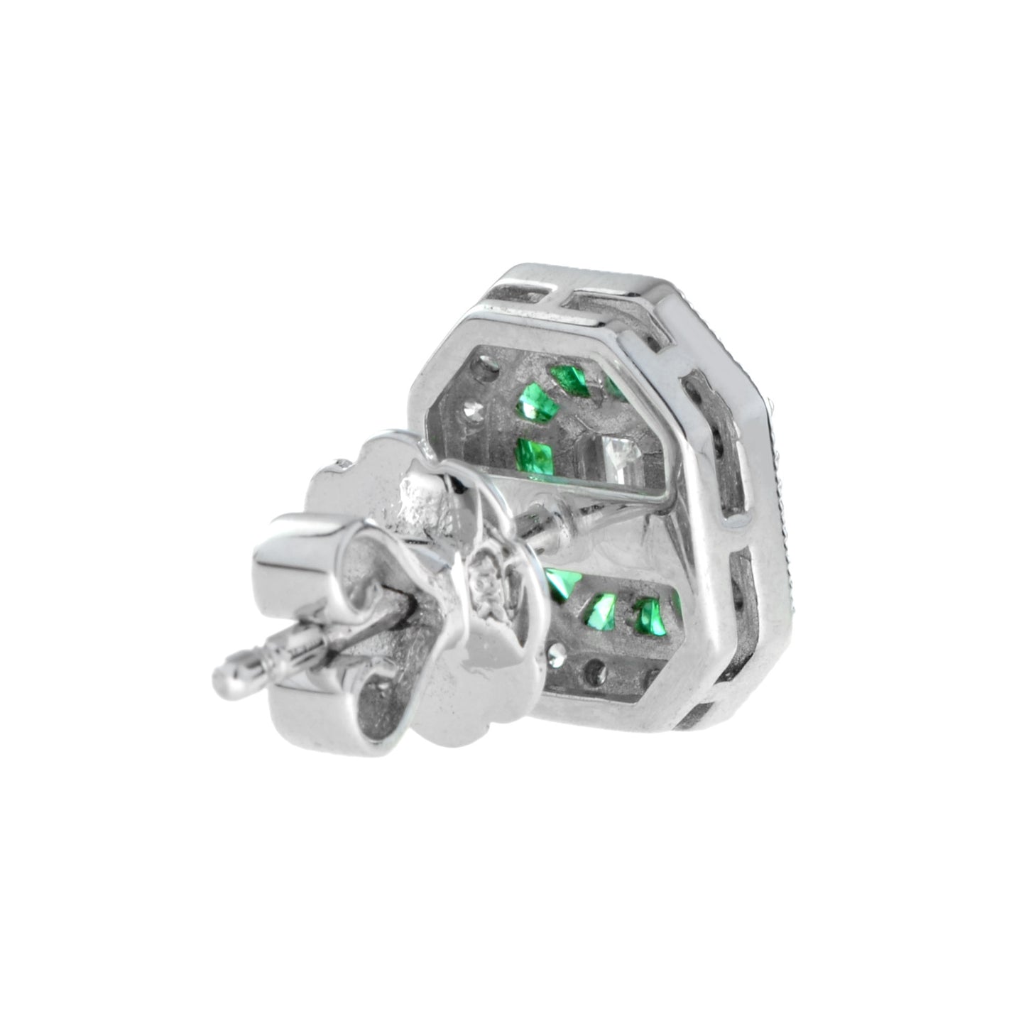 art deco style emerald shape cut diamond emerald halo set gold stud earrings