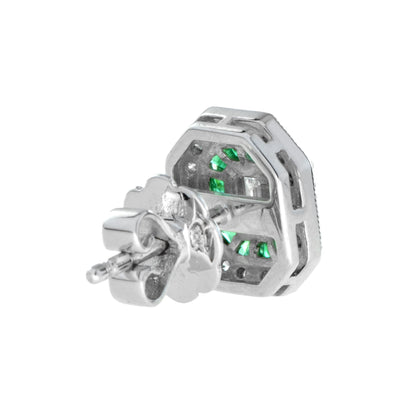 Art Deco Style Emerald Shape Cut Diamond Emerald Halo Set Gold Stud Earrings