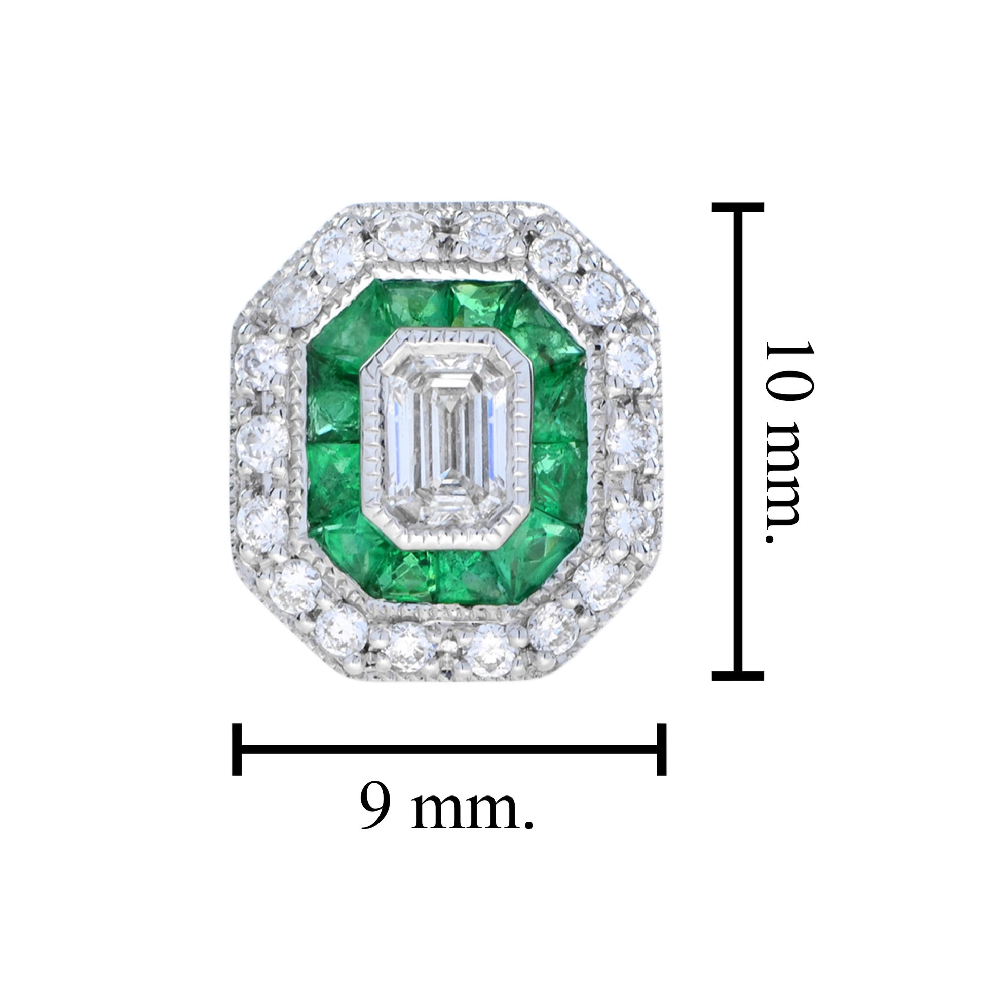 Art Deco Style Emerald Shape Cut Diamond Emerald Halo Set Gold Stud Earrings