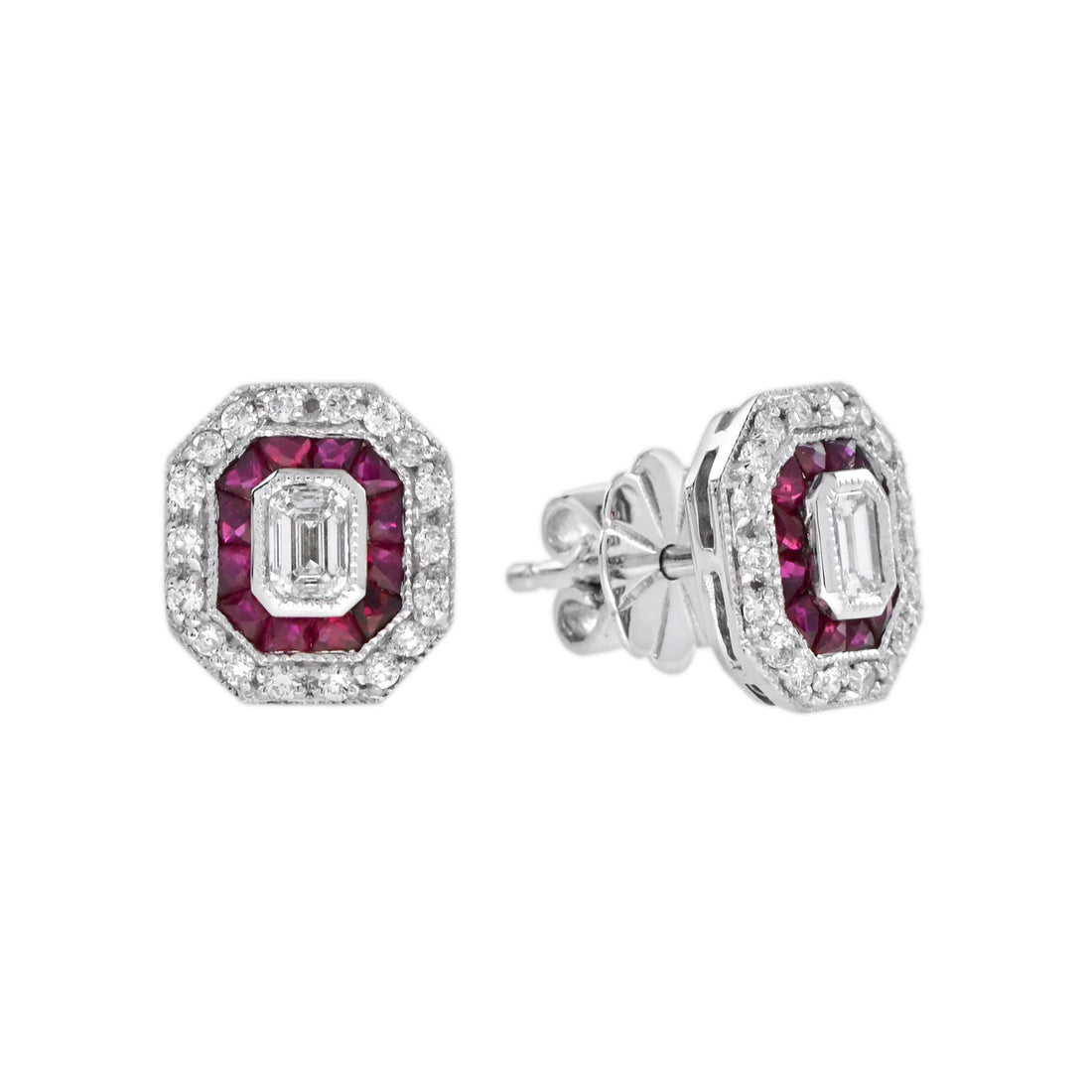 Art Deco Style Emerald Cut Diamond & Ruby 14K White Gold Stud Earrings