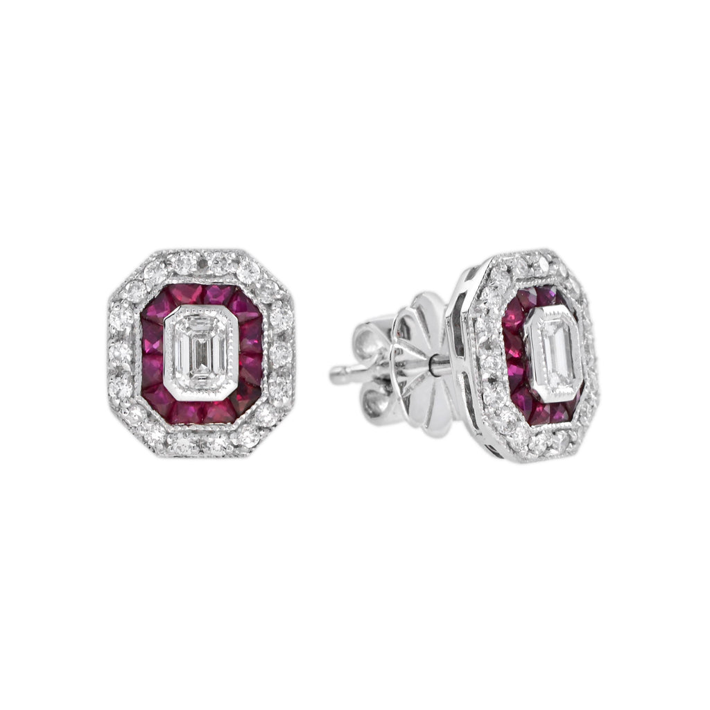 1.97 Ctw Art Deco Style Ruby & Diamond 14K White Gold Stud Earrings