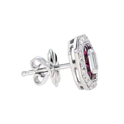 Art Deco Style Emerald Cut Diamond &amp; Ruby 14K White Gold Stud Earrings
