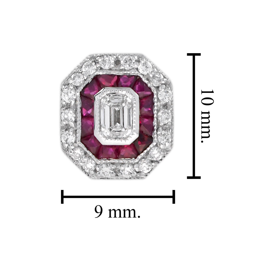 Art Deco Style Emerald Cut Diamond & Ruby 14K White Gold Stud Earrings