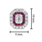 Art Deco Style Emerald Cut Diamond & Ruby 14K White Gold Stud Earrings