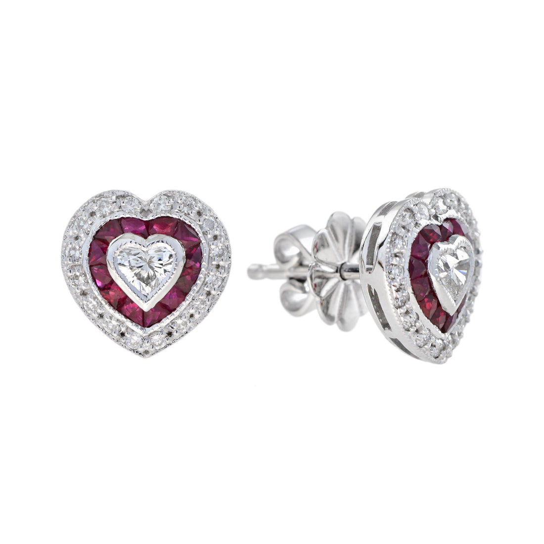 Heart Shape Diamond & Red Ruby Art Deco Style Halo White Gold Stud Earrings