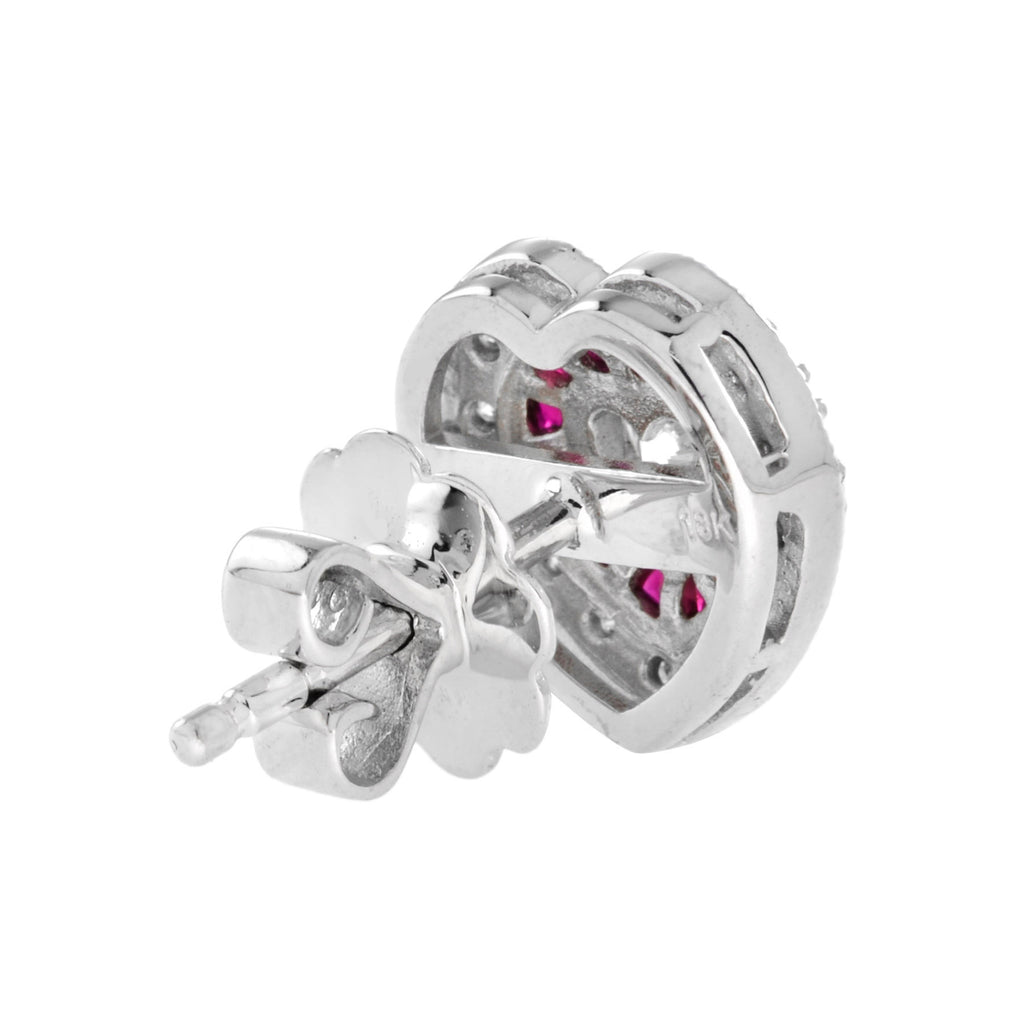 Heart Shape Diamond & Red Ruby Art Deco Style Halo White Gold Stud Earrings