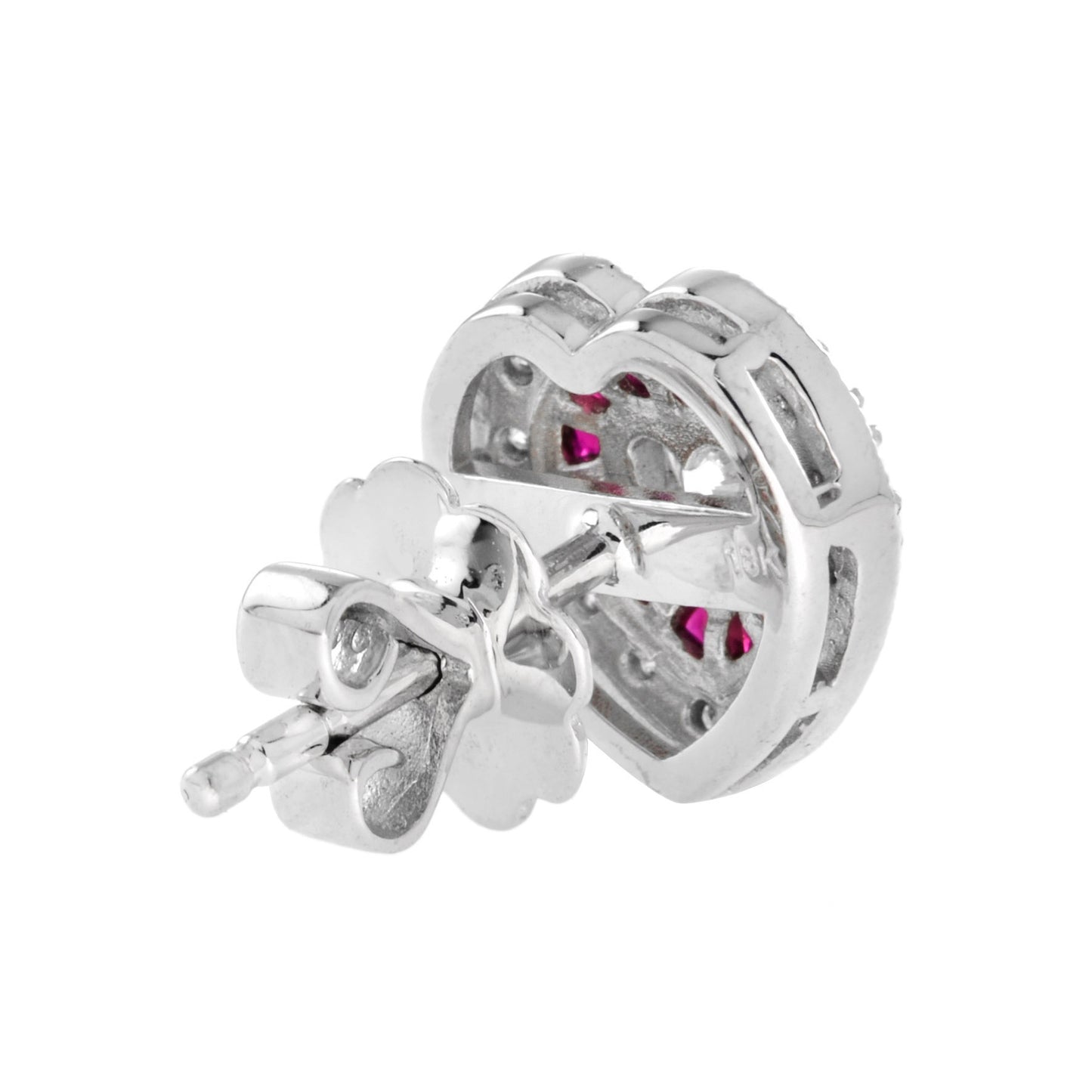 heart shape diamond & red ruby art deco style halo white gold stud earrings