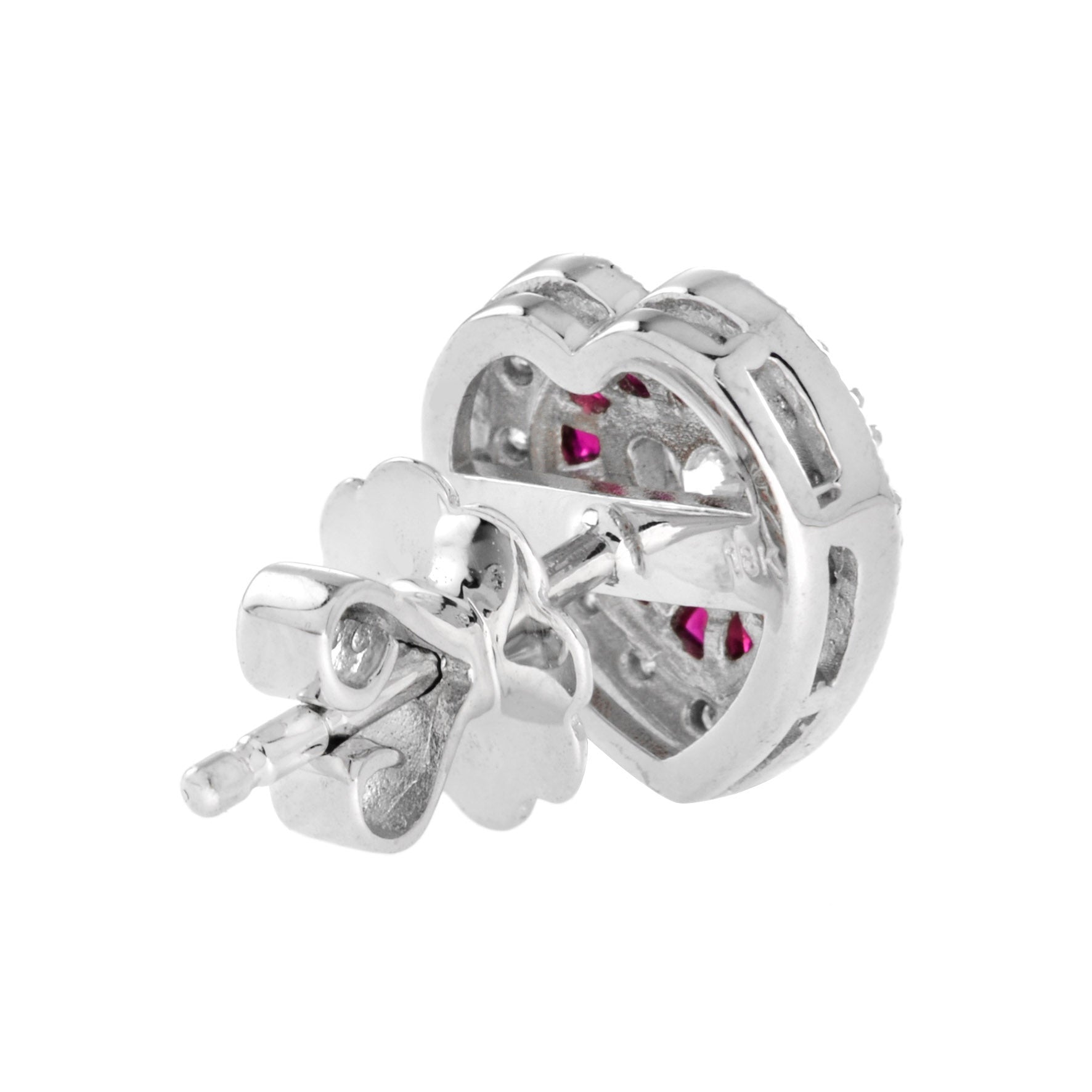 Heart Shape Diamond & Red Ruby Art Deco Style Halo White Gold Stud Earrings