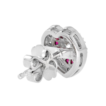 Heart Shape Diamond & Red Ruby Art Deco Style Halo White Gold Stud Earrings