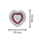 Heart Shape Diamond & Red Ruby Art Deco Style Halo White Gold Stud Earrings