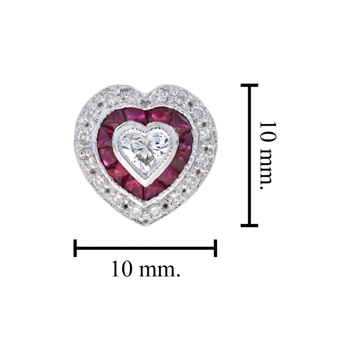 heart shape diamond & red ruby art deco style halo white gold stud earrings