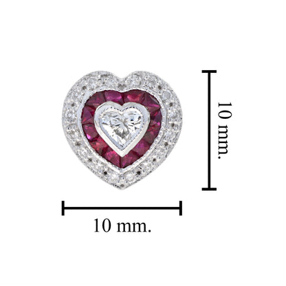 Heart Shape Diamond & Red Ruby Art Deco Style Halo White Gold Stud Earrings
