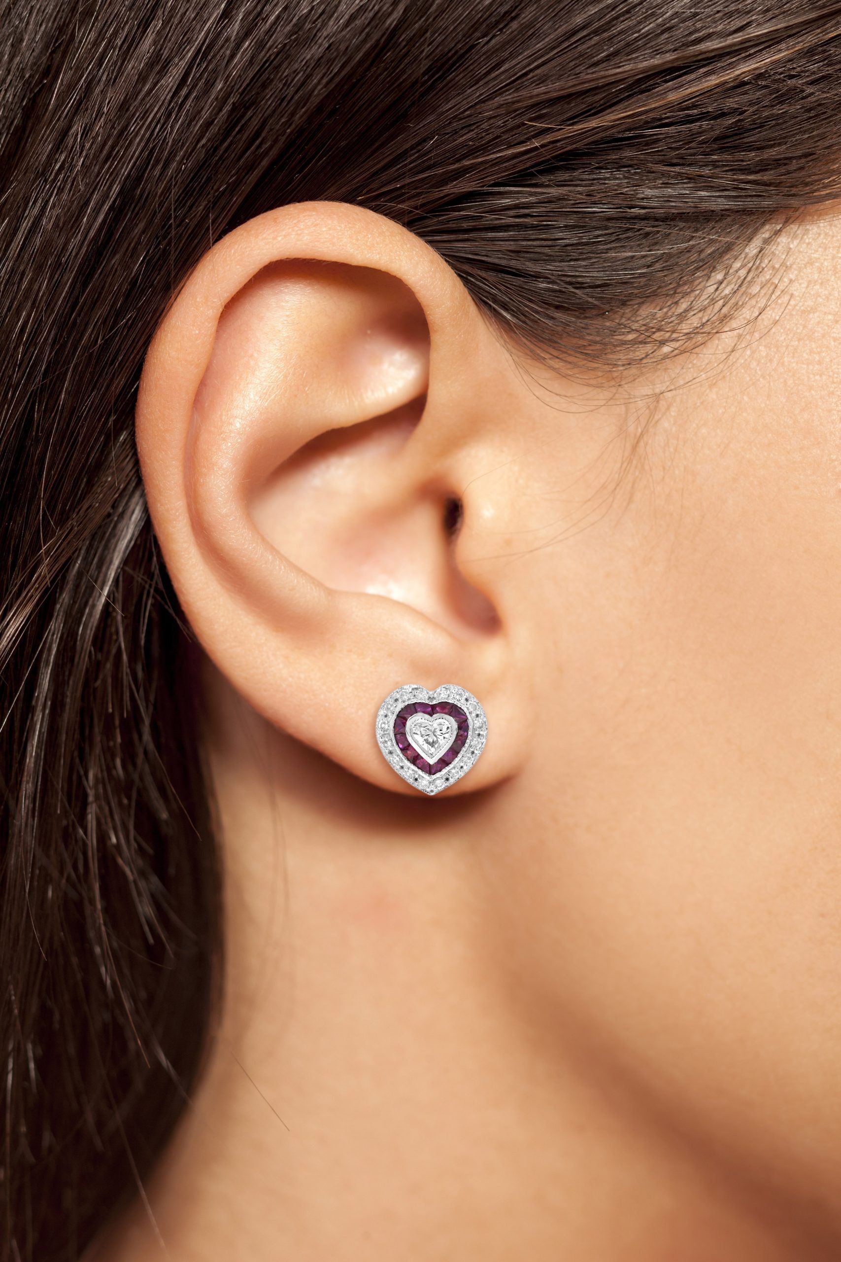 Heart Shape Diamond & Red Ruby Art Deco Style Halo White Gold Stud Earrings