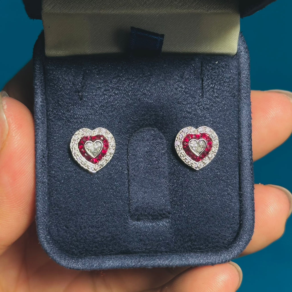 Heart Shape Diamond & Red Ruby Art Deco Style Halo White Gold Stud Earrings