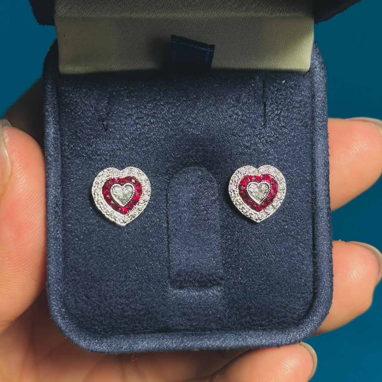heart shape diamond & red ruby art deco style halo white gold stud earrings