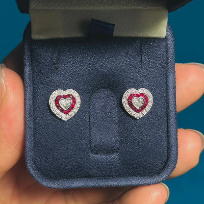 Heart Shape Diamond & Red Ruby Art Deco Style Halo White Gold Stud Earrings