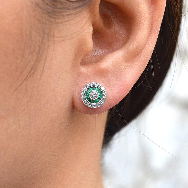 Round Diamond &amp; Green Emerald Invisible Set Double Halo Stud White Gold Earrings