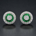 Round Diamond & Green Emerald Invisible Set Double Halo Stud White Gold Earrings