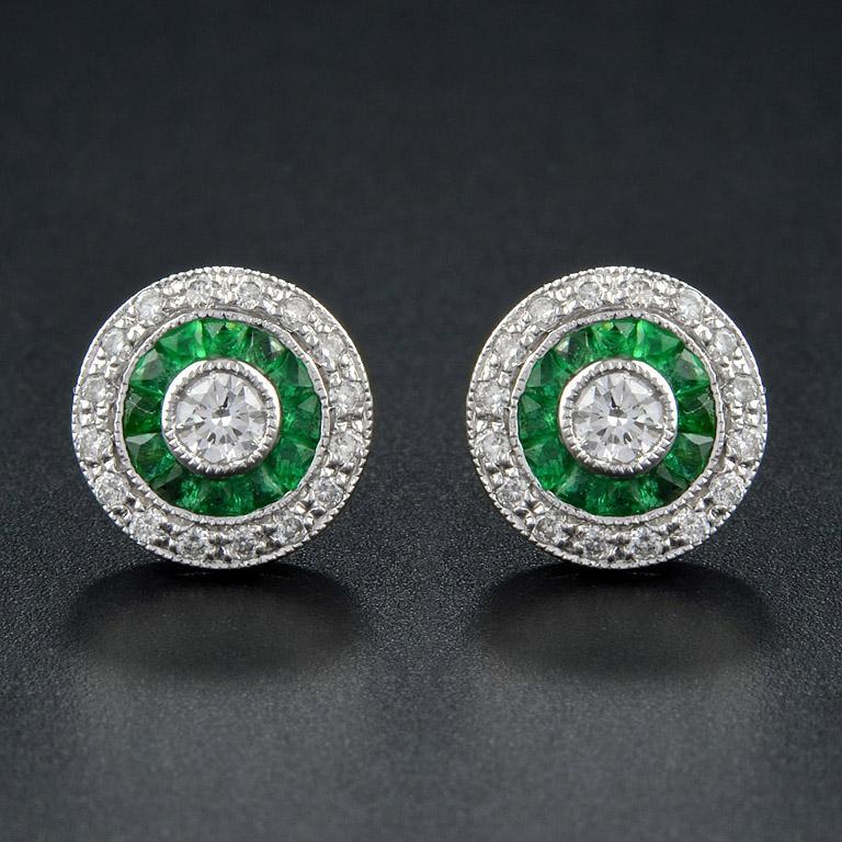 Round Diamond &amp; Green Emerald Invisible Set Double Halo Stud White Gold Earrings