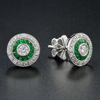 Round Diamond & Green Emerald Invisible Set Double Halo Stud White Gold Earrings